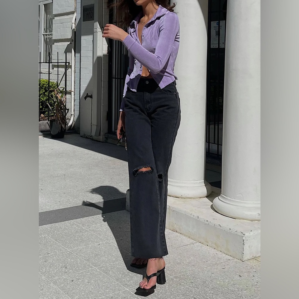 Princess Polly Londyn Black Jeans - Straight Leg with Knee slits